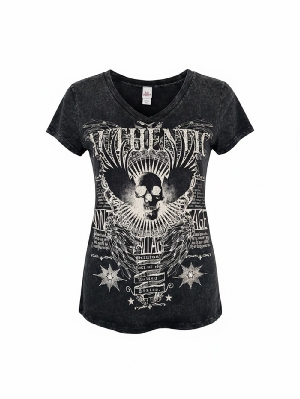 Women's Black Graphic V-Neck Tee with Skull and Wing Design
